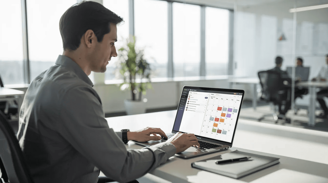 The image depicts a professional seated at a modern desk, working on a laptop that displays an email inbox alongside a calendar application, illuminated by natural light. This workspace emphasizes productivity and organization, ideal for managing follow up emails and scheduling tasks efficiently.