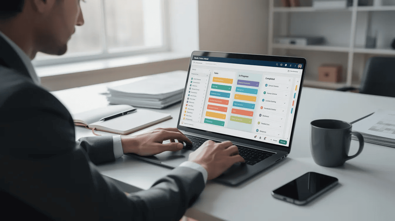 A person in a suit works on a laptop displaying a colorful Project Management CRM dashboard at a desk with papers, a mug, and a smartphone. Shelves and a window are visible in the background.