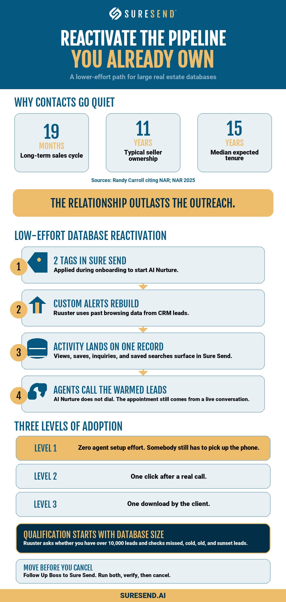 Tall infographic titled Reactivate the Pipeline You Already Own, covering why contacts go quiet using the 19 month, 11 year and 15 year figures, a four step low-effort database reactivation flow, Ruuster's three levels of adoption, and a note that qualification starts with database size because Ruuster asks whether you have over 10,000 leads