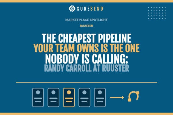 SEO-friendly alt tag: Blue SureSend CRM Resource Center graphic with gold and white motivational quote by Randy Carroll at Ruuster about pipeline management, featuring icons of files, arrow, headset, and the SureSend logo. Caption: Boost your sales efficiency with expert insights—SureSend CRM Resource Center highlights a key pipeline management quote from Randy Carroll at Ruuster. Description: The image features a professional blue graphic representing the SureSend CRM Resource Center. At the top is the SureSend logo, followed by white and gold text displaying an impactful sales quote from Randy Carroll of Ruuster: “The cheapest pipeline your team owns is the one nobody is calling.” Visual elements include file, arrow, and headset icons symbolizing organization and communication within a modern CRM. This image emphasizes efficient lead management for sales teams using SureSend’s innovative platform.