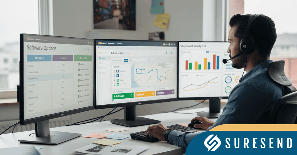 A person wearing a headset works at a desk with three monitors displaying freight broker software options, shipment analytics, and graphs. The Suresend logo is visible in the bottom right corner.