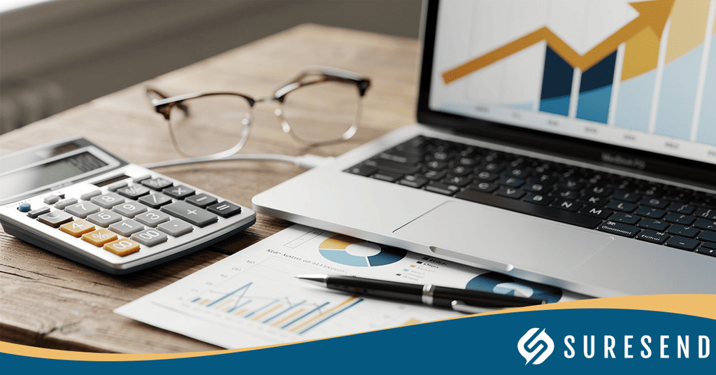 A desk with a laptop displaying a rising graph, calculator, glasses, pen, and printed charts—efficiently organized for productivity. The interface resembles top solutions like bntouch CRM. “SURESEND” logo is at the bottom right corner.