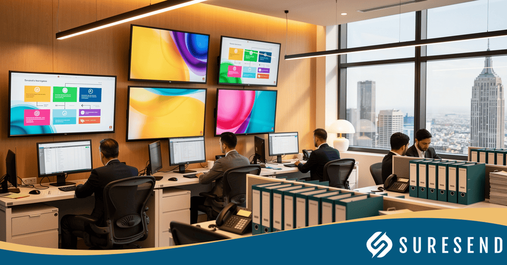 Modern office with people working at desks, large colorful screens on the wall displaying dashboards from tools like bntouch crm, binders on shelves, and a city skyline visible through the windows. The SURESEND logo is in the lower right corner.