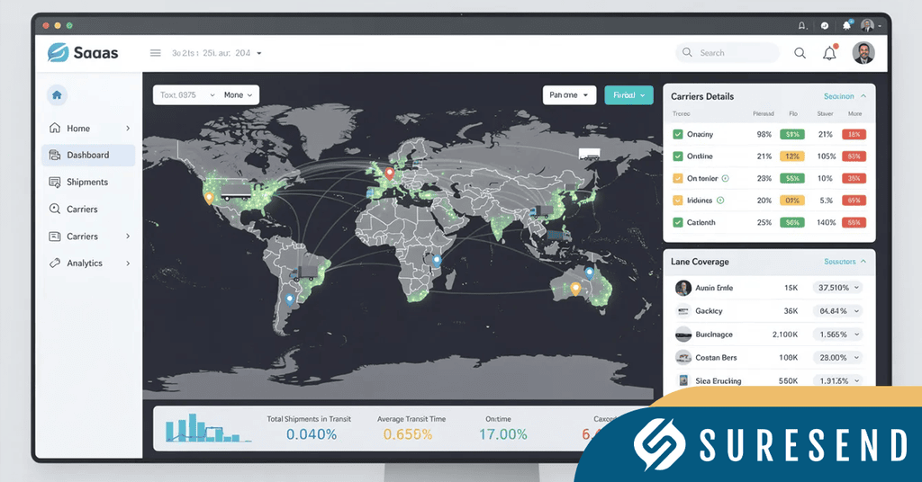 A computer screen shows a logistics dashboard with a world map, shipment data, carrier details, and lane coverage statistics powered by advanced freight broker software. The Suresend logo is at the bottom right.