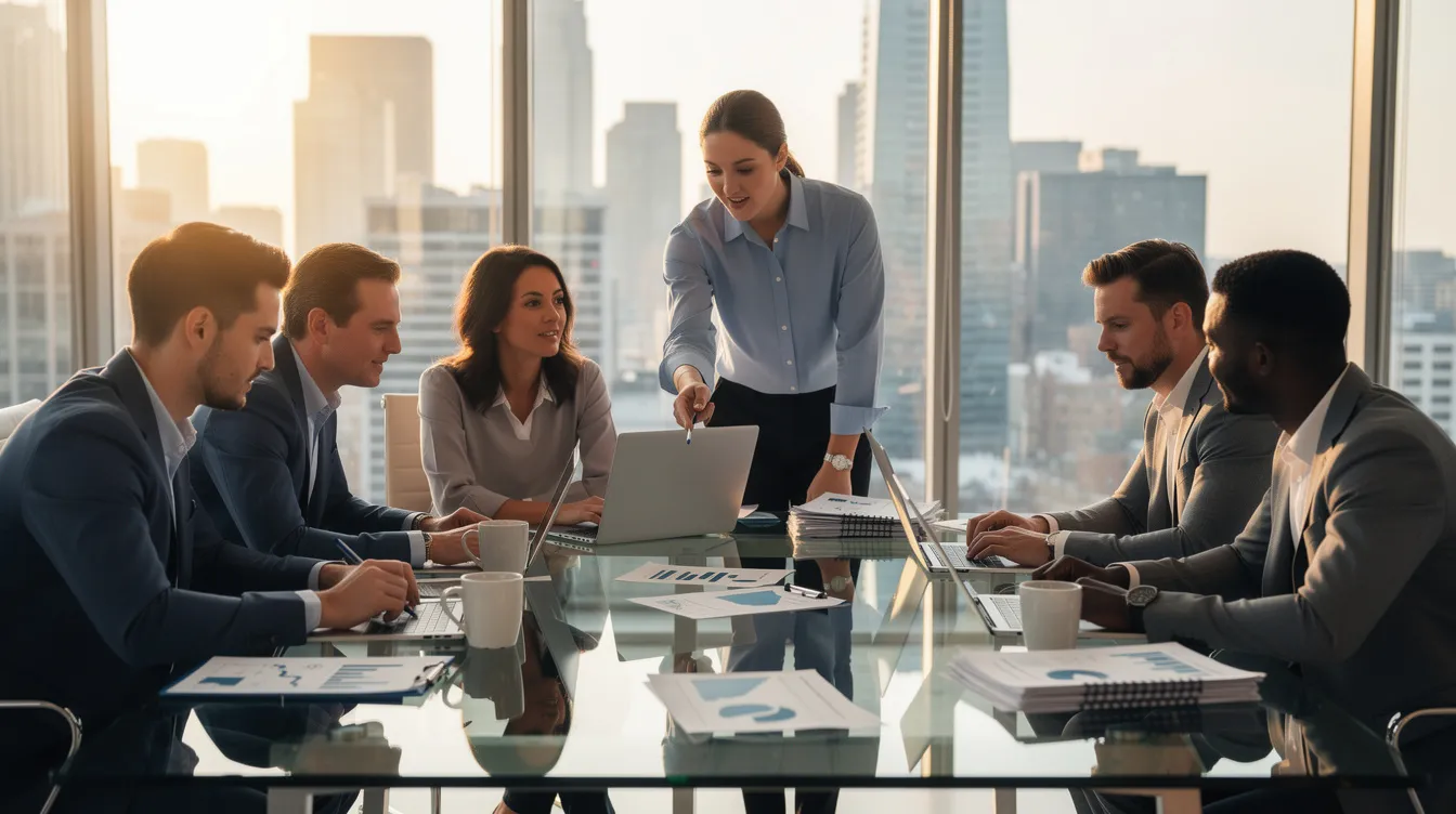 Six business professionals sit at a conference table with laptops and documents while a woman stands, pointing at a laptop screen, leading a discussion in a modern office with large windows and a city view.