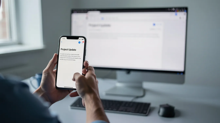 A person holds a smartphone displaying a “Project Update” email while sitting at a desk with a computer monitor, keyboard, and mouse—highlighting the importance of sending Error-Free Emails for clear and professional communication.
