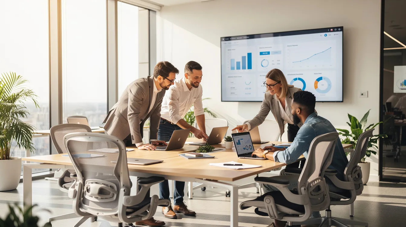 A modern office team collaborates around laptops and screens in a bright workspace, showcasing an environment that enhances business operations and customer relationship management. The team appears engaged in discussions, likely focused on improving customer satisfaction and leveraging tools like HubSpot CRM for marketing automation and sales pipeline management.