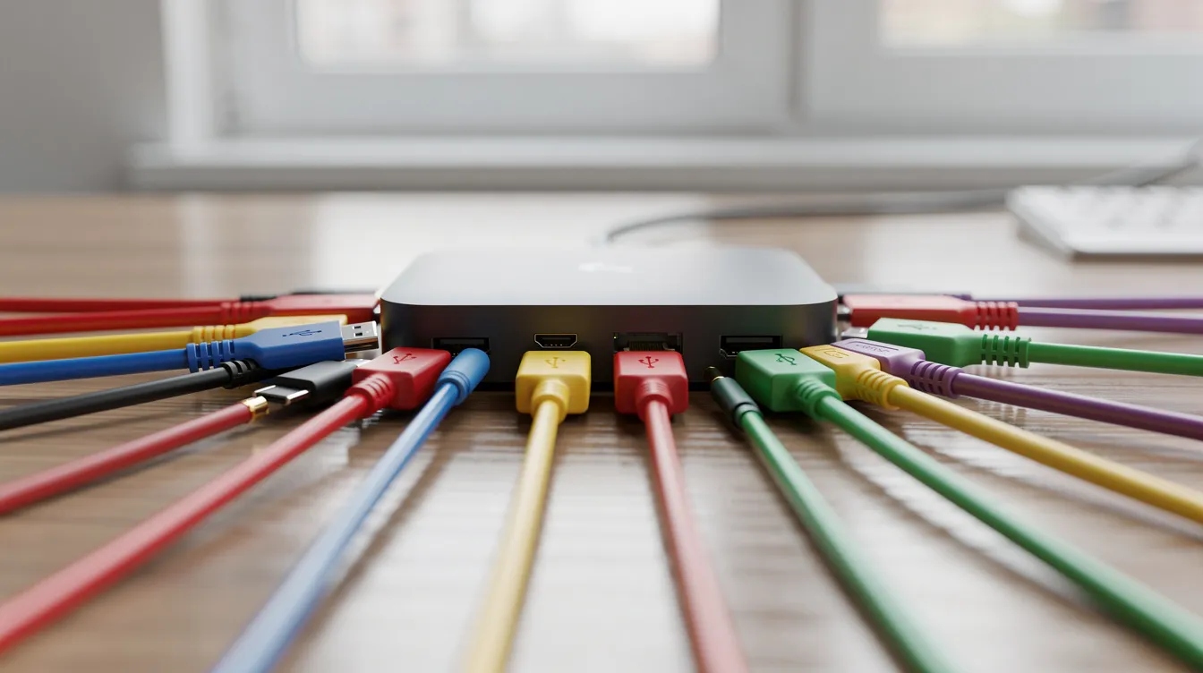 The image shows a variety of colorful cables and connectors plugged into a central hub device on a desk, illustrating the concept of interconnected systems that facilitate customer relationship management and marketing automation. This setup symbolizes the importance of unified data and essential tools for managing customer relationships effectively.