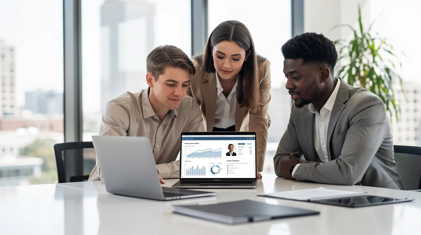 A small team of financial advisors is gathered around a laptop in a bright office, reviewing client information and discussing strategies for managing client relationships. They are utilizing CRM software to enhance client engagement and streamline their day-to-day operations in the financial services industry.