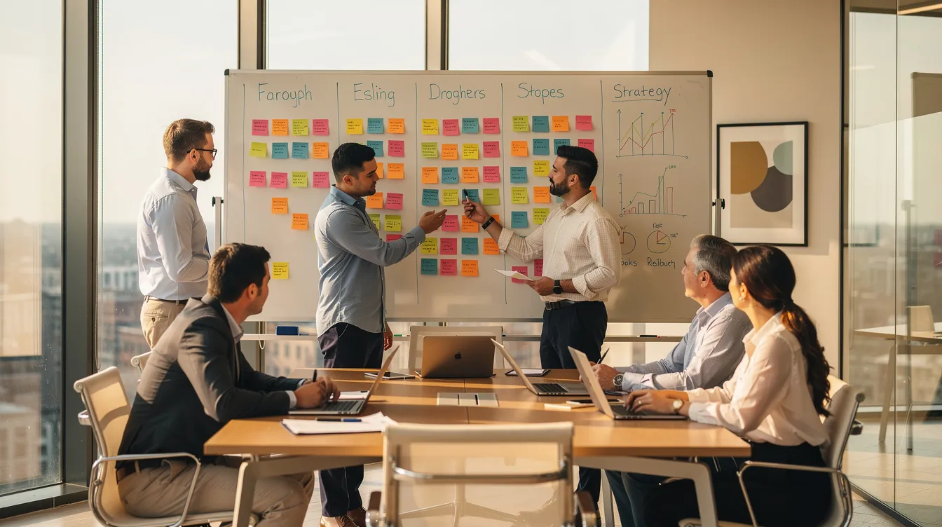 A small sales team is gathered around a whiteboard filled with colorful sticky notes in a conference room, discussing strategies for improving customer relationships and enhancing their sales pipeline. The collaborative atmosphere highlights the importance of effective communication and teamwork in managing customer data and driving business growth.