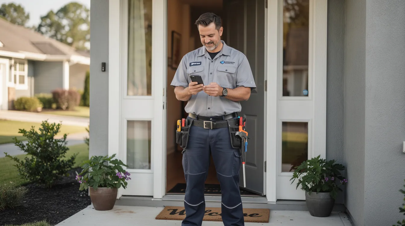 A technician in uniform stands at the front door of a residential home, using a smartphone to review job details. This scene highlights the importance of mobile access in service visits, allowing service teams to streamline repetitive tasks and improve customer satisfaction through timely follow-ups.