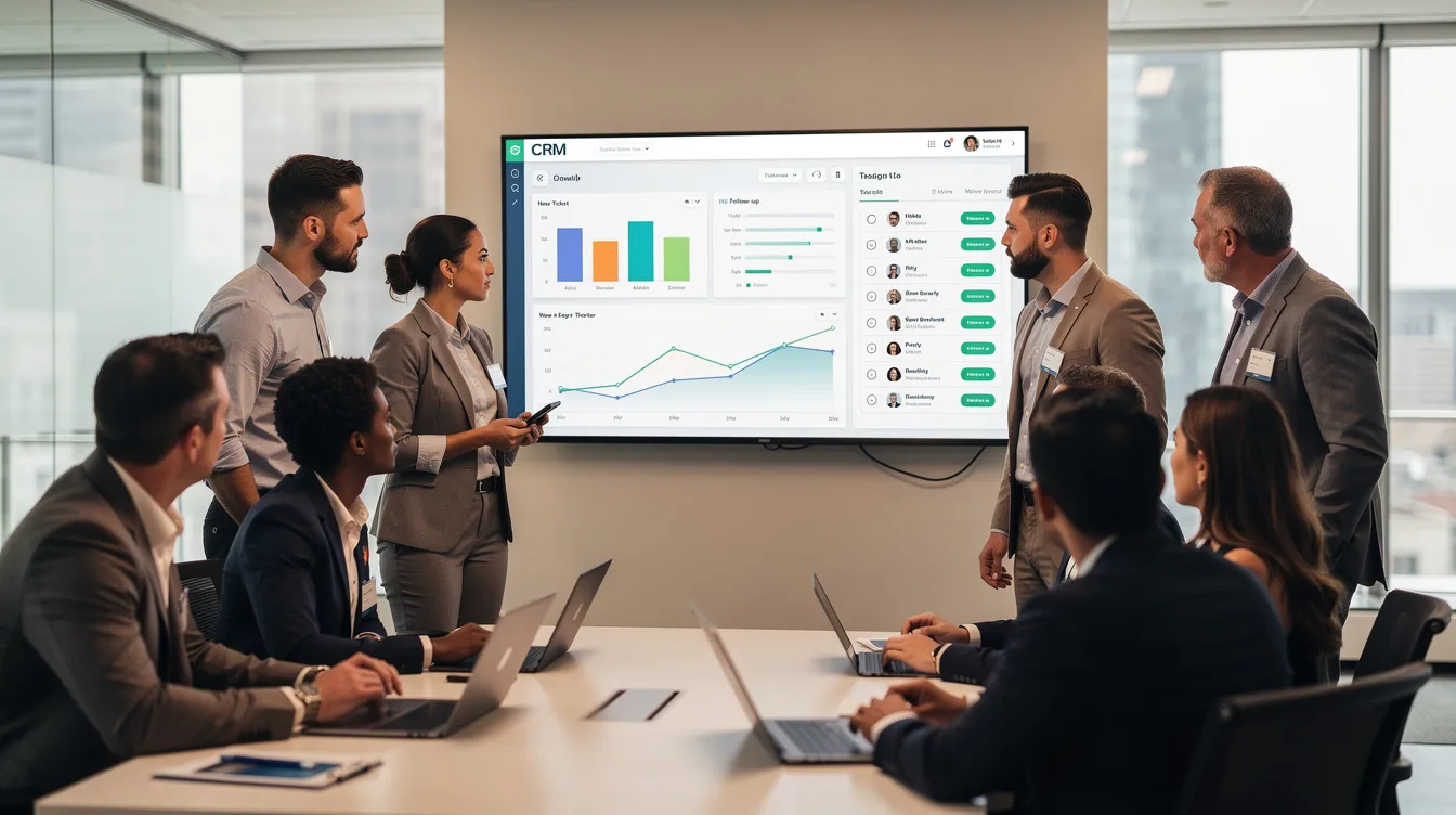A diverse team of service professionals is gathered around a large monitor showcasing a CRM dashboard filled with colorful charts and a task queue, emphasizing the importance of customer relationship management software in improving customer satisfaction and streamlining repetitive tasks. They are likely discussing strategies for enhancing customer loyalty and analyzing customer data to optimize their service processes.