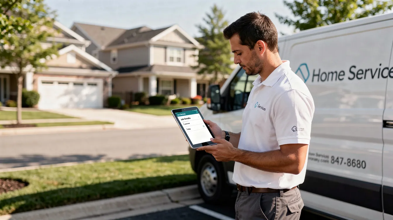 A service professional stands next to a work van on a residential street, reviewing customer job details on a tablet, showcasing the importance of customer relationship management in service visits. This scene highlights how effective CRM systems can streamline repetitive tasks and improve customer satisfaction through timely follow-ups and personalized service.