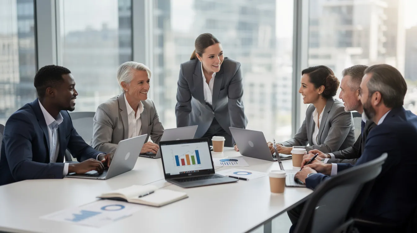 A diverse sales team collaborates around a conference table, with laptops open, discussing strategies for customer engagement and marketing automation. The image captures the teamwork essential for managing customer relationships and optimizing email marketing campaigns.