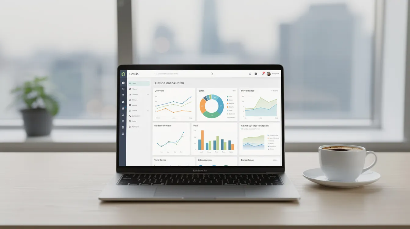 The image depicts a modern office desk featuring a laptop with an organized dashboard displaying customer relationship management (CRM) data, alongside a coffee cup. This setup highlights a user-friendly interface for managing customer interactions and automating marketing campaigns.