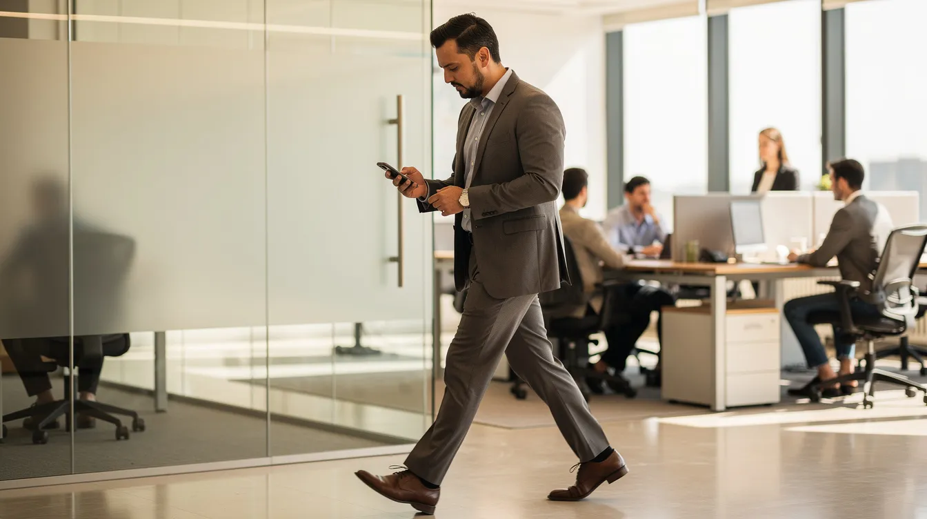 Man in a suit walking through an office hallway while using his phone, likely checking updates from the company’s CRM system email, with several colleagues seated and working at desks in the background.