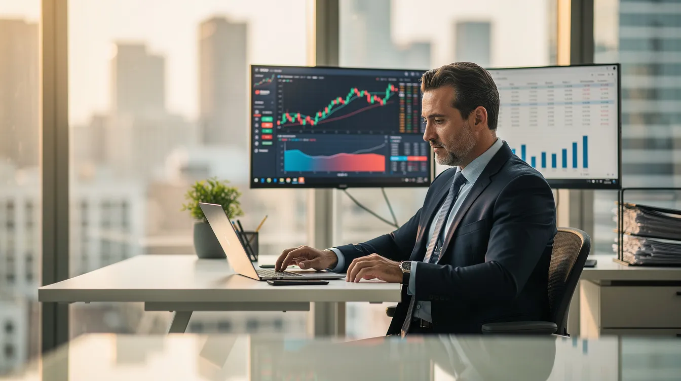 A professional financial advisor is seated at a modern office desk, working intently on a laptop and dual monitors, which display various client data and portfolio management systems. This setup highlights the use of advanced CRM software designed specifically for financial advisors, facilitating effective client management and communication.