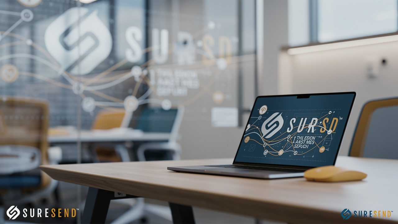 A laptop displaying the SURESEND logo sits on a desk in a modern glass-walled office with yellow chairs. The SURESEND logo is visible on the glass wall and in the room décor.