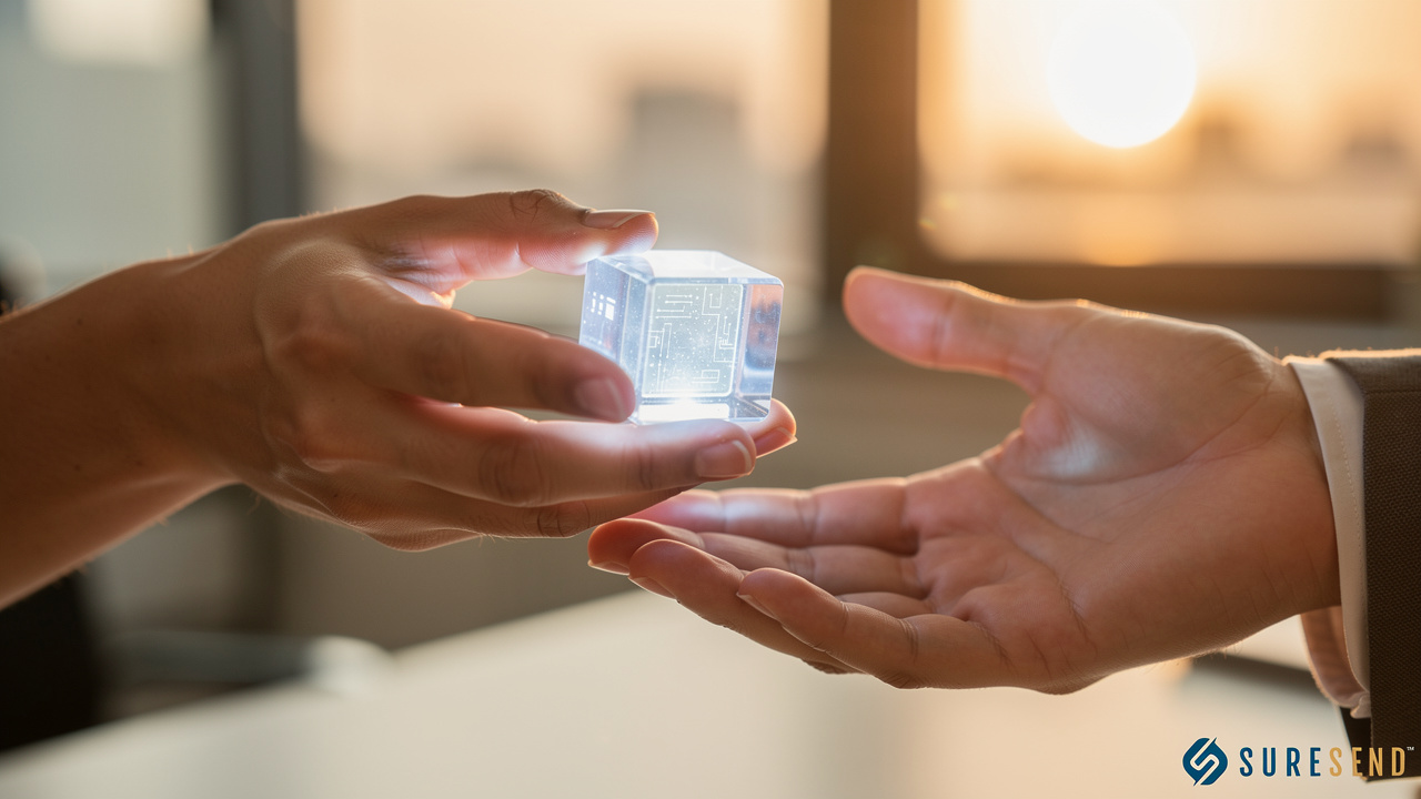Hands exchanging glowing data cube symbolizing ownership
