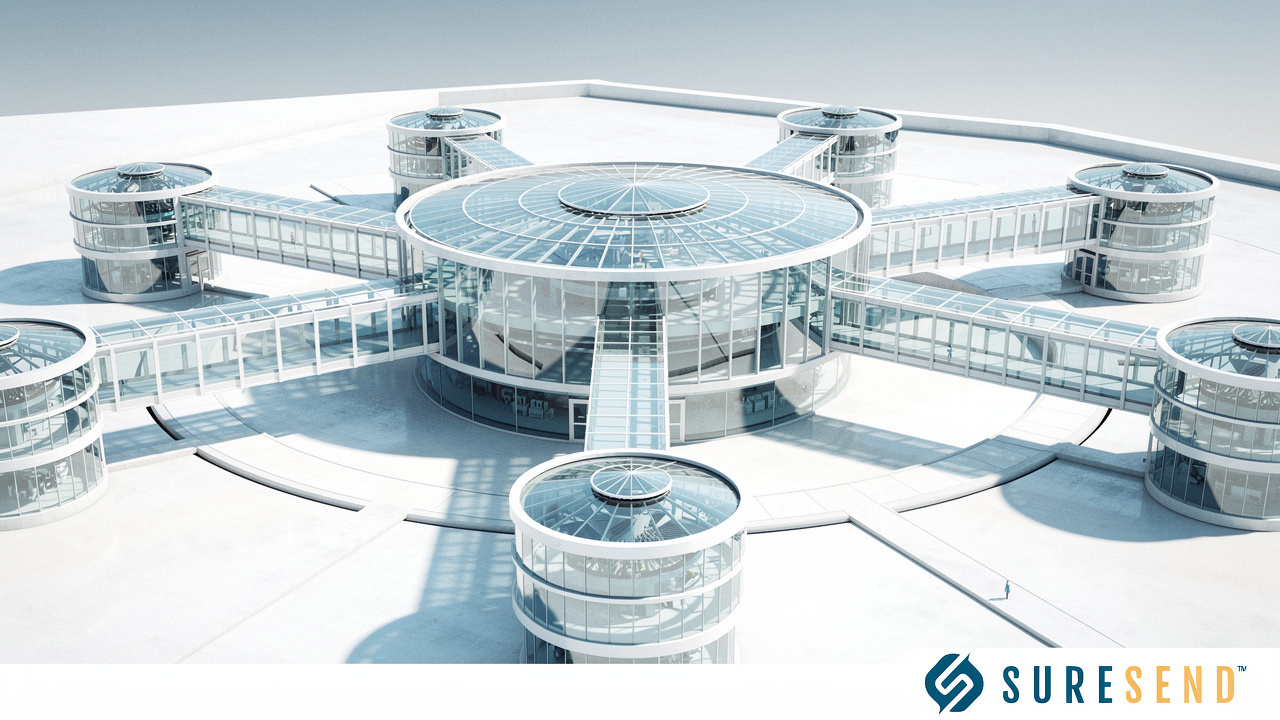 Aerial view of hub building connecting to outward structures