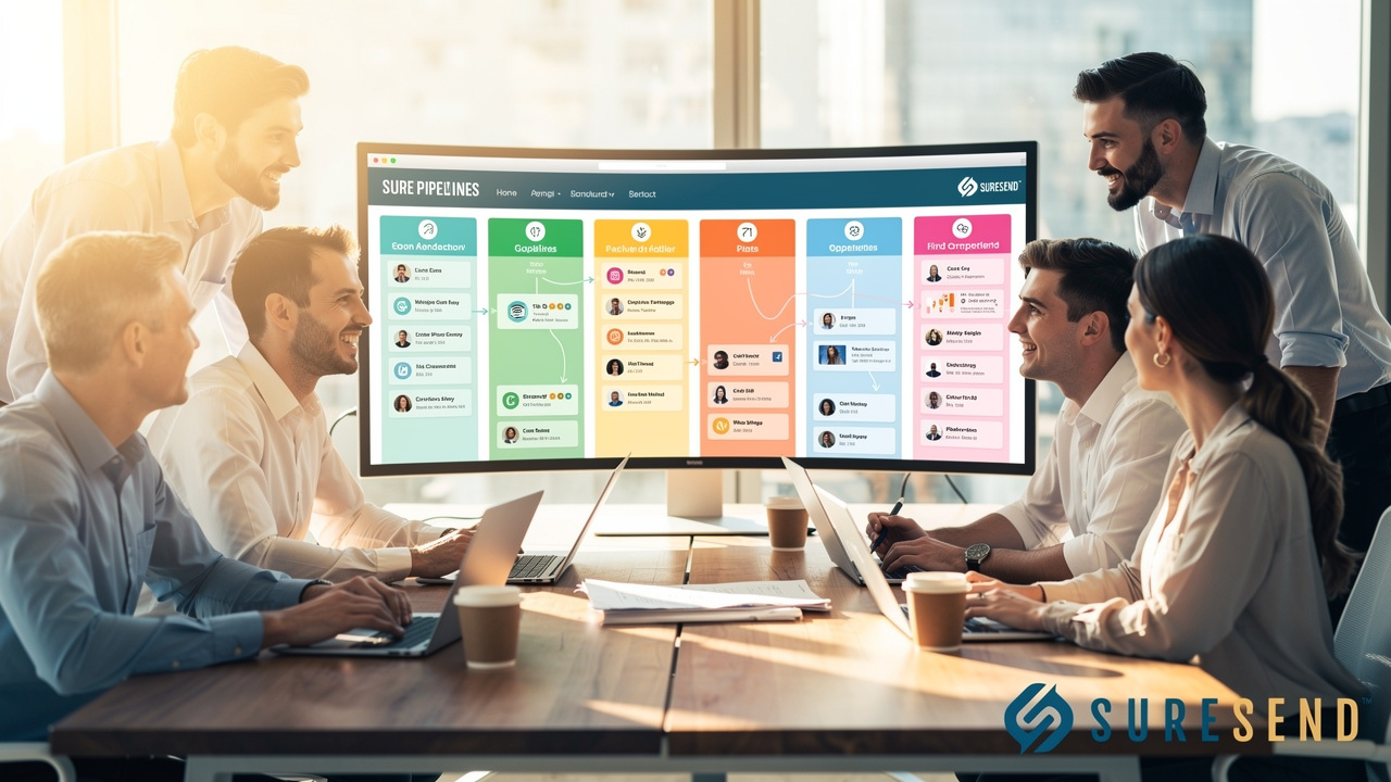 Six people in business attire sit around a table with laptops, discussing a project displayed on a large curved monitor showing a colorful workflow chart. The “SURESEND” logo appears in the corner. Sunlight fills the room.