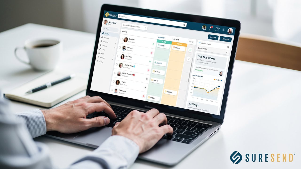Laptop screen showing organized CRM contact and pipeline dashboard