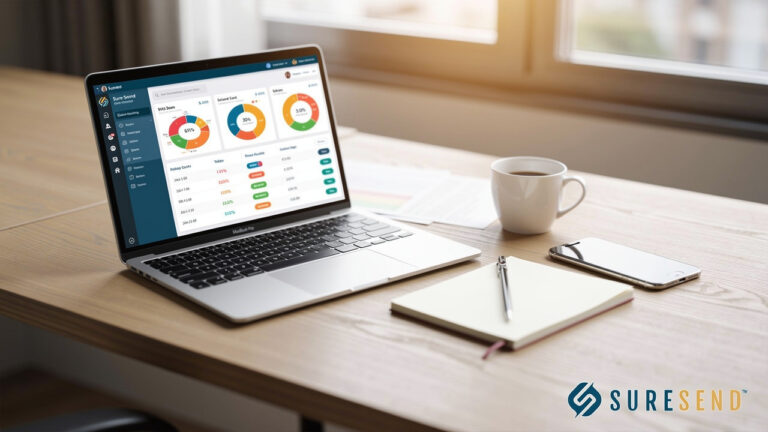 A laptop displaying colorful analytics dashboards sits on a desk with a cup of coffee, a pen, a notepad, and the SURESEND logo visible in the bottom right corner. Sunlight comes through a nearby window.