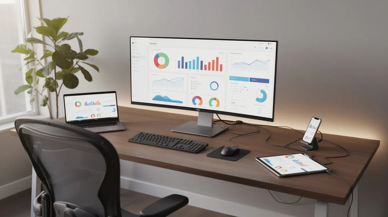 The image depicts a modern office workspace featuring multiple connected devices, including a large monitor displaying colorful data charts relevant to client management. This setup is ideal for financial advisors looking to enhance their practice management and streamline operations with effective CRM solutions.