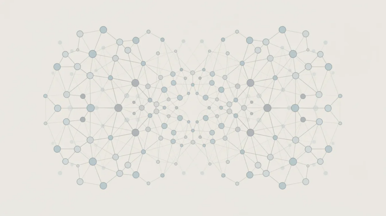 A symmetrical network of interconnected blue and gray dots on a light background, illustrating a mirrored pattern often used to represent data, connections, or neural networks—evoking the seamless integration and connectivity found in advanced CRM systems like HubSpot CRM.