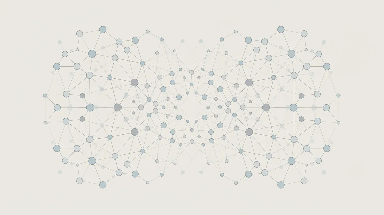 A symmetrical network of interconnected blue and gray dots on a light background, illustrating a mirrored pattern often used to represent data, connections, or neural networks—evoking the seamless integration and connectivity found in advanced CRM systems like HubSpot CRM.