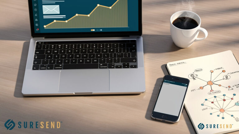 A laptop showing a line graph, a smartphone, a cup of coffee, and a notepad with a hand-drawn flowchart are on a desk. The Suresend logo appears in two corners of the image.