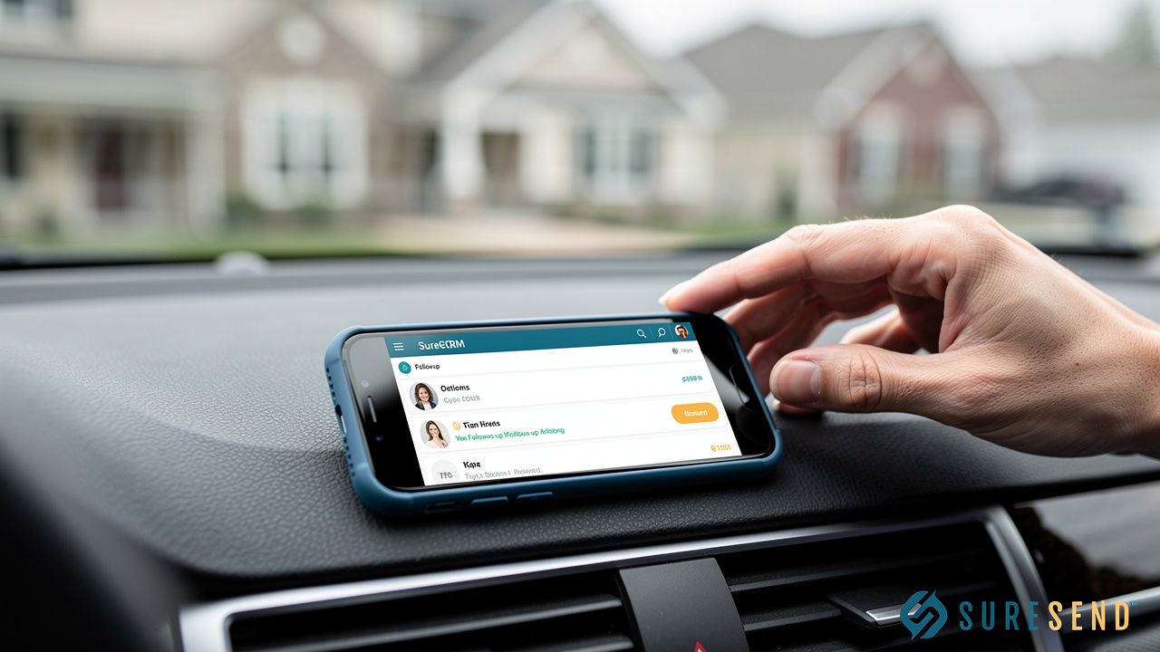 Field sales rep checking CRM app on smartphone