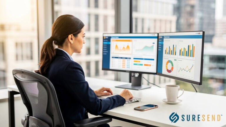 A woman in business attire analyzes data charts on dual monitors at an office desk. She works beside a notebook, smartphone, and coffee cup. The SureSend logo appears in the lower right corner.
