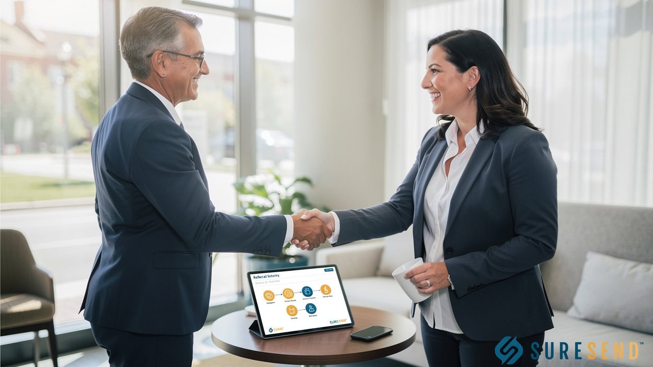 Loan officer and real estate agent discussing referrals