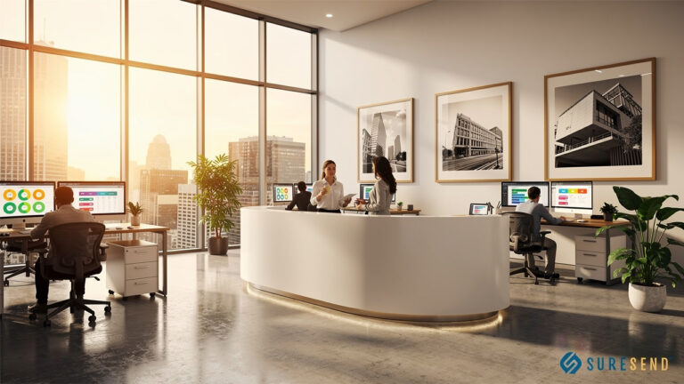 Modern office with large windows, people working at desks and a curved reception. Sunlight streams in, cityscape outside. Computer monitors display colorful charts. Suresend logo in corner. Black and white photos on the walls.