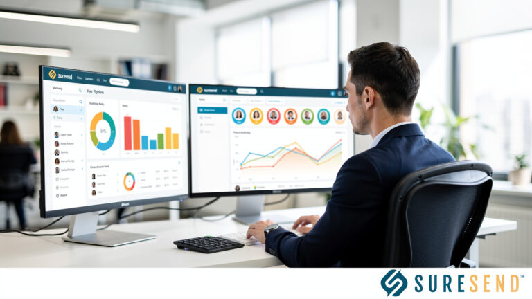 A man in an office sits at a desk with two monitors displaying colorful data dashboards and charts. The SureSend logo appears in the corner.