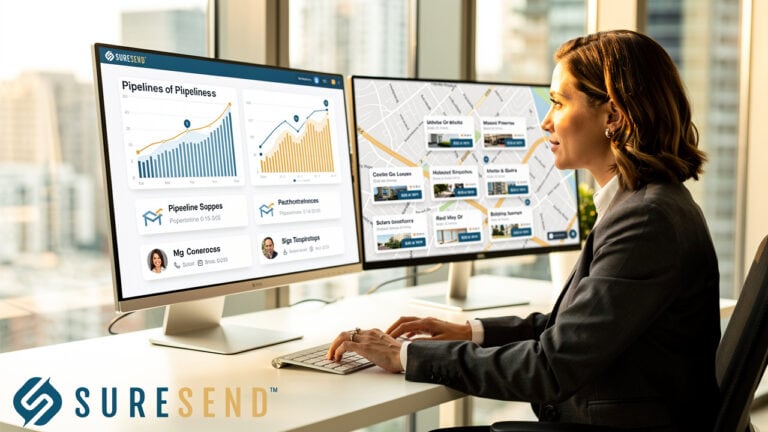 A woman in business attire works at a desk with two monitors displaying data graphs, maps, and analytics for a software called SURESEND. Large windows reveal a city skyline in the background.