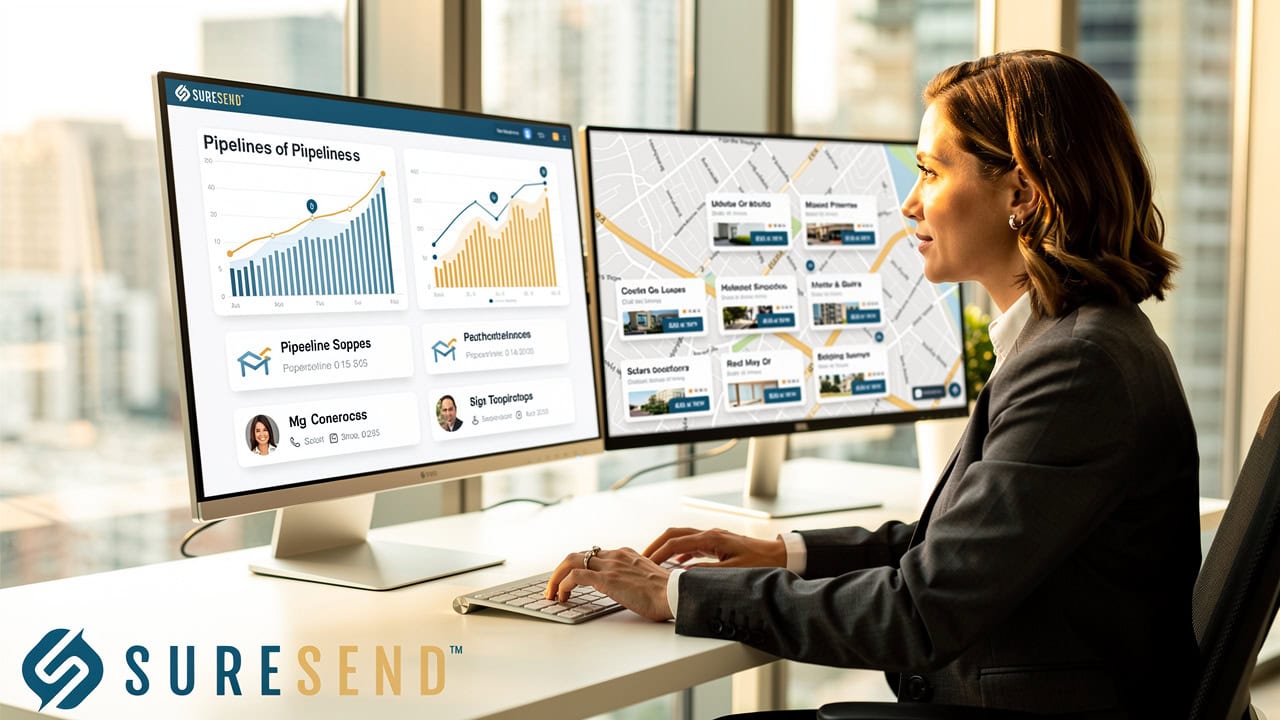 A woman in business attire works at a desk with two monitors displaying data graphs, maps, and analytics for a software called SURESEND. Large windows reveal a city skyline in the background.
