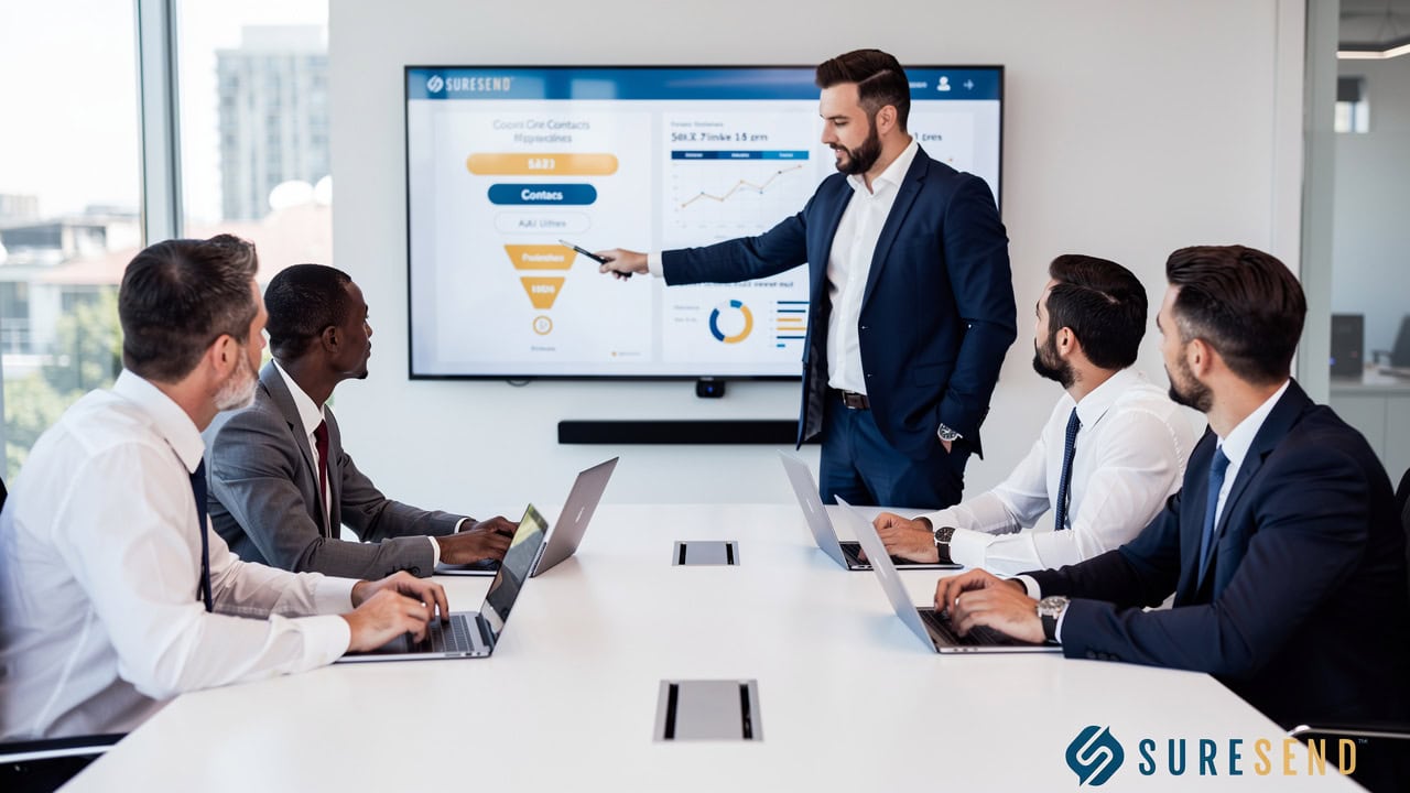 Real estate team collaborating around CRM pipeline dashboard in office