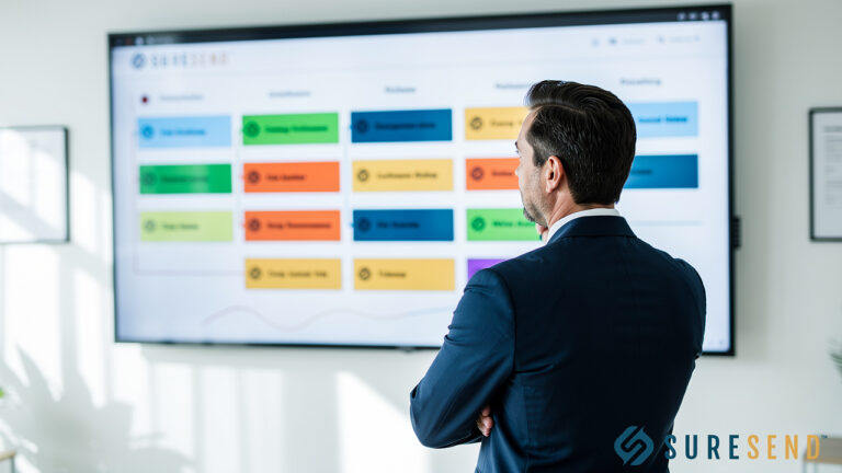 A man in a suit stands with arms crossed, looking at a large screen displaying a colorful project management dashboard. The logo “SURESEND” is visible in the bottom right corner.