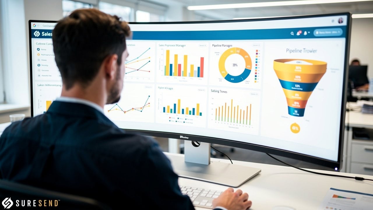 A man sits at a desk viewing sales analytics dashboards with graphs and charts on a large curved monitor in an office setting.