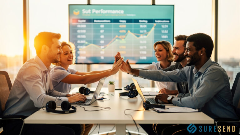 Five people in business attire smile and high-five around a conference table with laptops, as a graph labeled “Sut Performance” displays positive trends on a large screen in the background. The Suresend logo is visible.