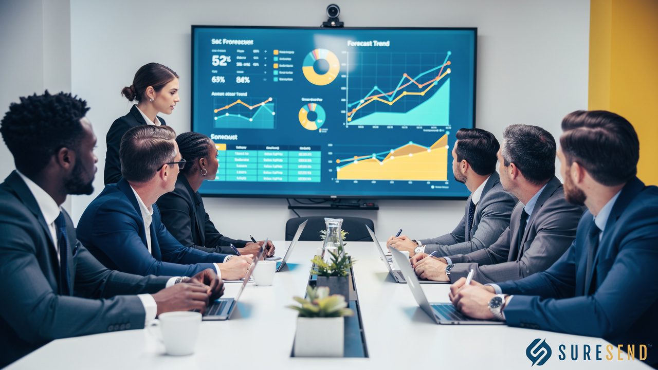 Sales team analyzing performance and forecast data together