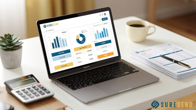 A laptop displaying financial charts and graphs sits on a desk with a calculator, documents, a pen, and a small potted plant. The screen shows business analytics for a company called SURESEND.