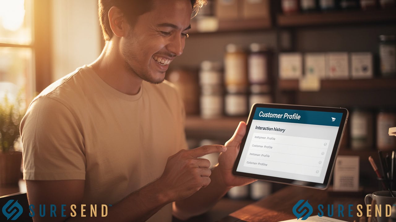 Small business owner checking customer history on tablet