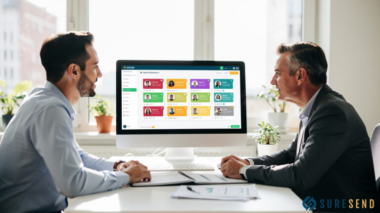 Two men in business attire sit across from each other at a desk, viewing a computer monitor displaying a colorful dashboard interface. Sunlight streams through the window behind them. Suresend logo is visible in the bottom right corner.