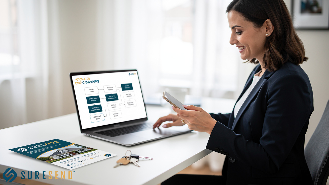 Solo real estate agent managing automated drip campaign on laptop