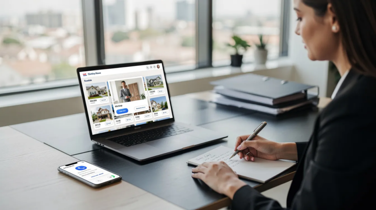 A real estate agent is seated at a sleek, modern desk, intently reviewing property listings on a laptop while a phone rests nearby. This scene captures the essence of real estate marketing, highlighting the agent