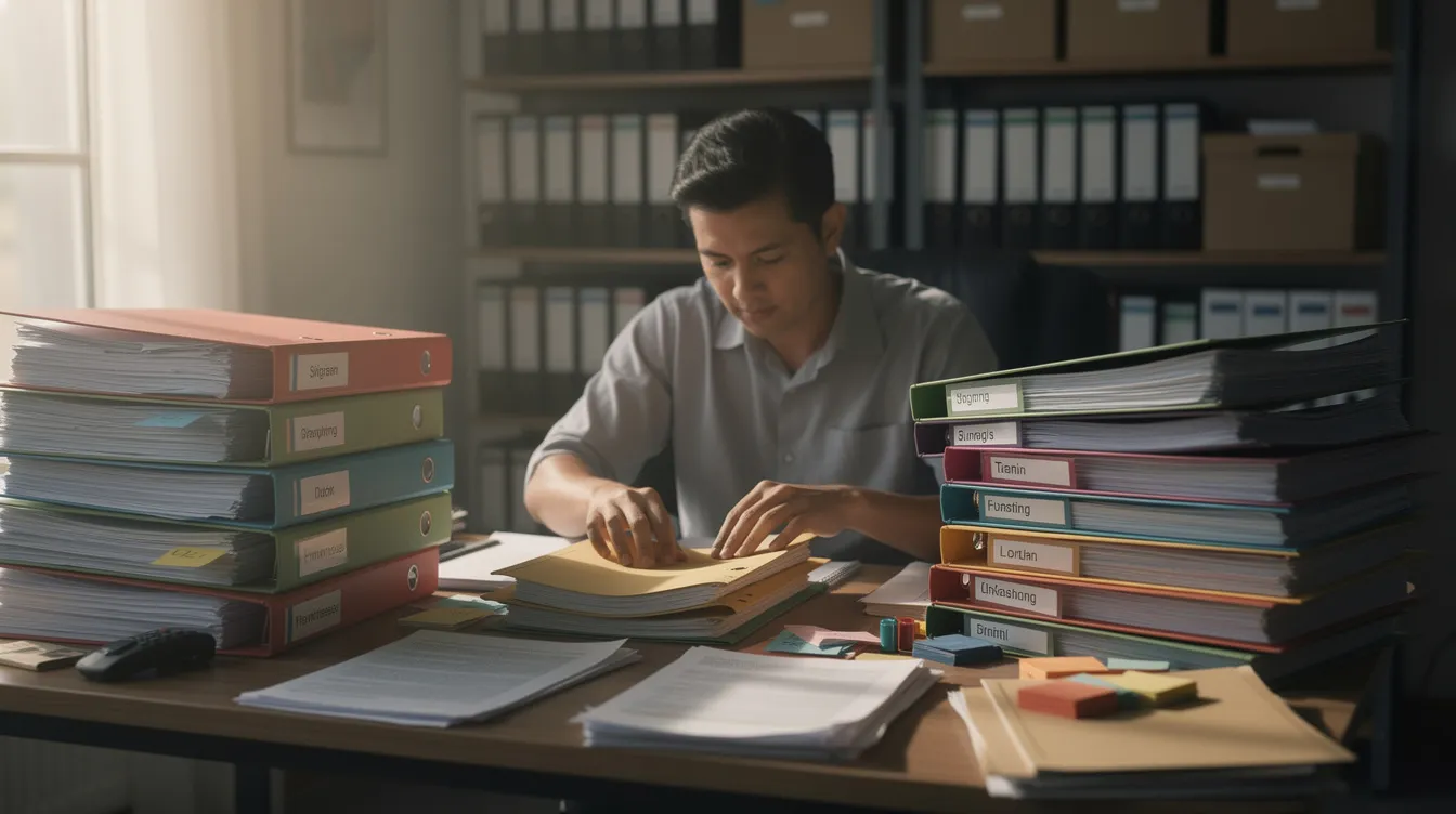 A person is diligently organizing and sorting through stacks of paper files and folders on a desk, focusing on ensuring the accuracy of their database by identifying duplicates and managing contacts to improve email list hygiene. This process is essential for enhancing engagement and conversion rates in marketing campaigns.