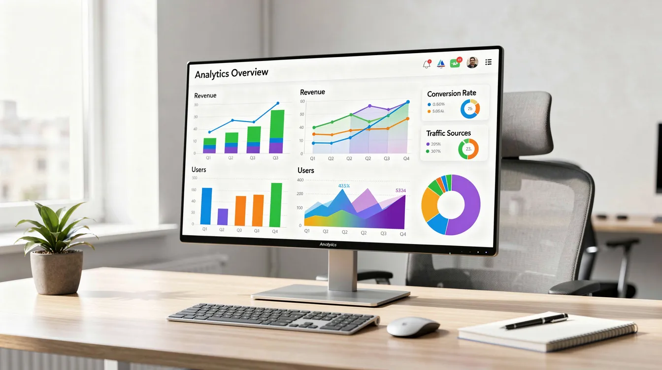 The image shows a desktop monitor in an office displaying a vibrant analytics dashboard filled with various charts and graphs. This dashboard likely tracks metrics such as conversion rates, open rates, and email list hygiene, essential for marketers looking to enhance their campaigns and manage their database effectively.